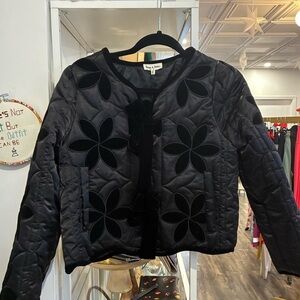 Aaron & Amber black sheen jacket with velvet floral details and ties S NWT